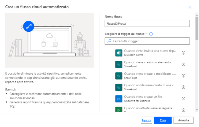 Crea flusso automatizzato cloud